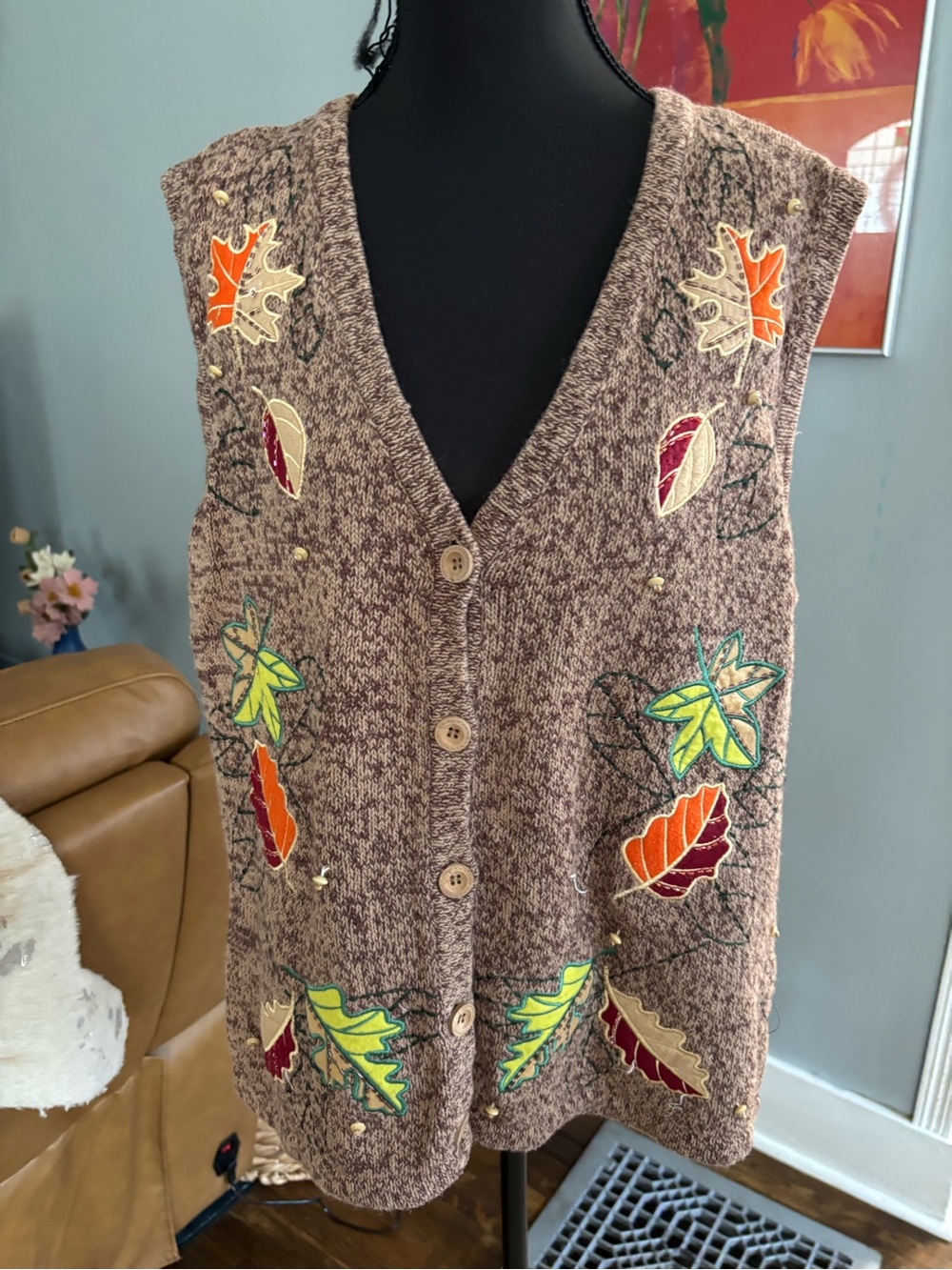 Vtg basic editions womens XXL fall theme cardigan sweater vest leaves
